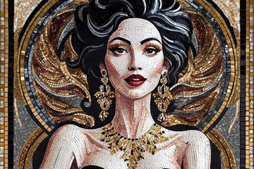 Stunning Mosaic Art Poster Showcasing Elegant Black and Gold Female Figure