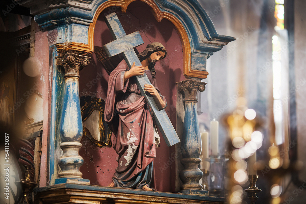 Wall mural old statue of jesus holding a cross