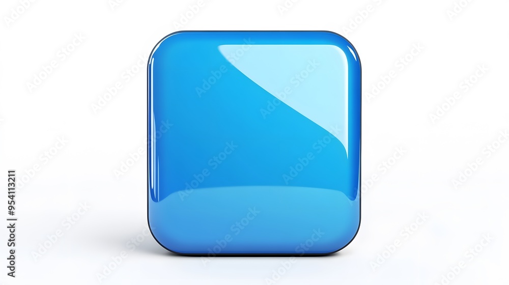 Poster blank mobile application icon, button - blue square with round corners. 3d rendering, white backgrou