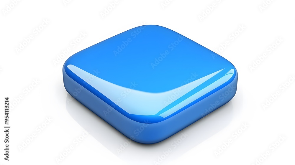 Poster blank mobile application icon, button - blue square with round corners. 3d rendering, white backgrou