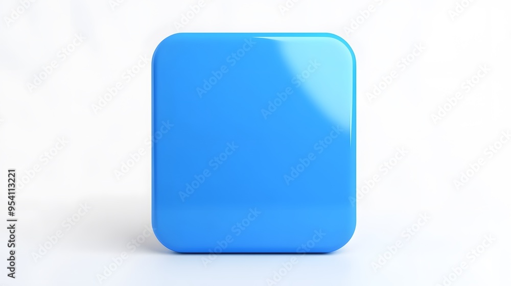 Poster blank mobile application icon, button - blue square with round corners. 3d rendering, white backgrou