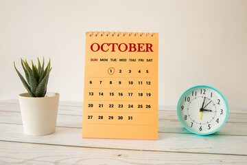 Vintage photo, October 1st. Date of 1 October on wooden cube calendar