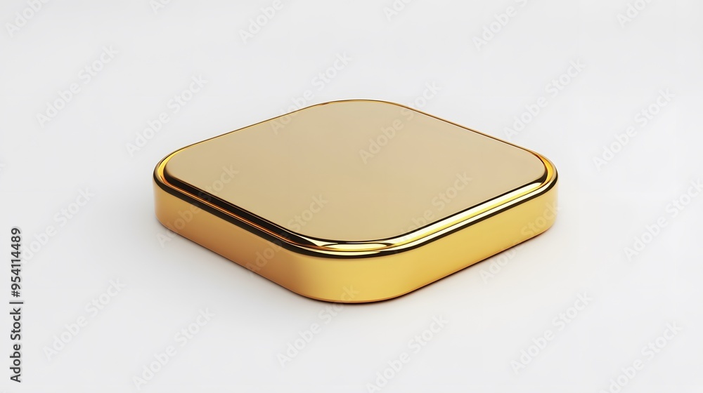Poster blank mobile application icon, button - golden square with round corners. 3d rendering, white backgr