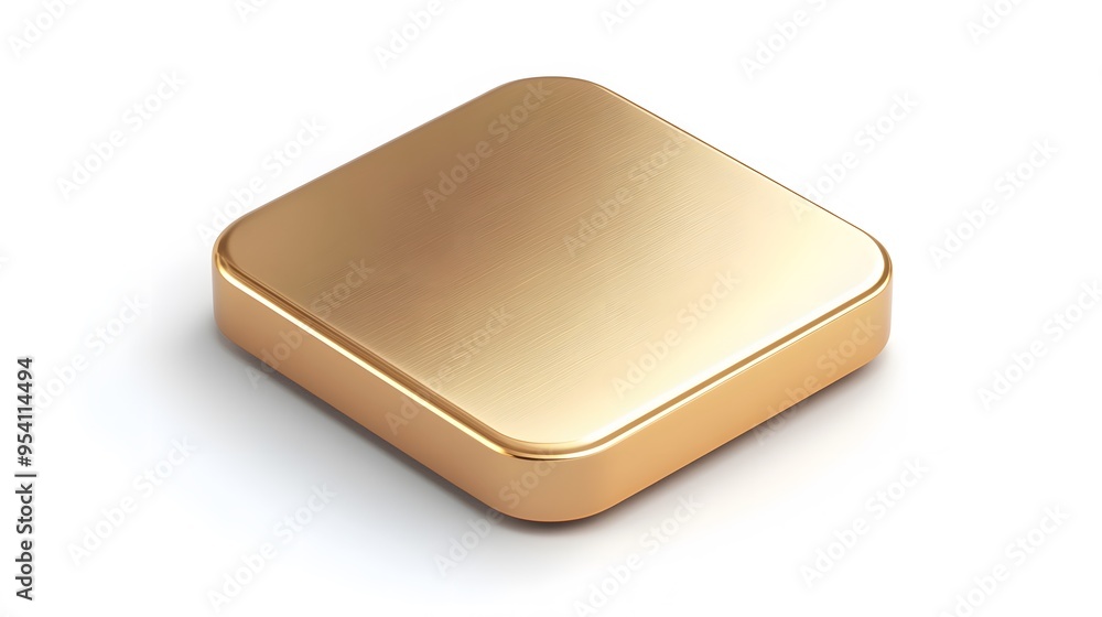 Poster blank mobile application icon, button - golden square with round corners. 3d rendering, white backgr