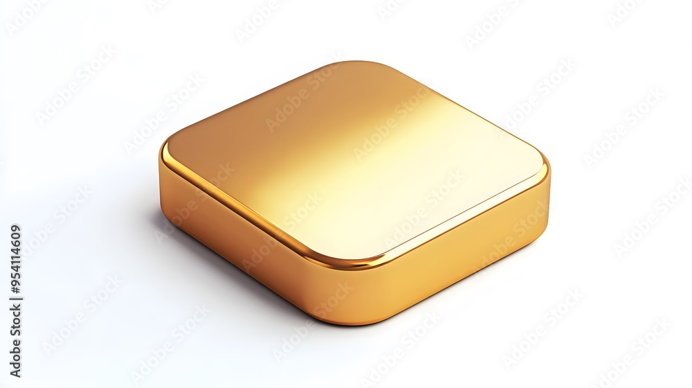 Poster blank mobile application icon, button - golden square with round corners. 3d rendering, white backgr