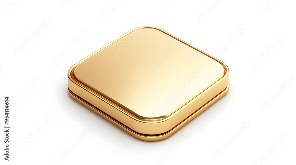 Poster blank mobile application icon, button - golden square with round corners. 3d rendering, white backgr
