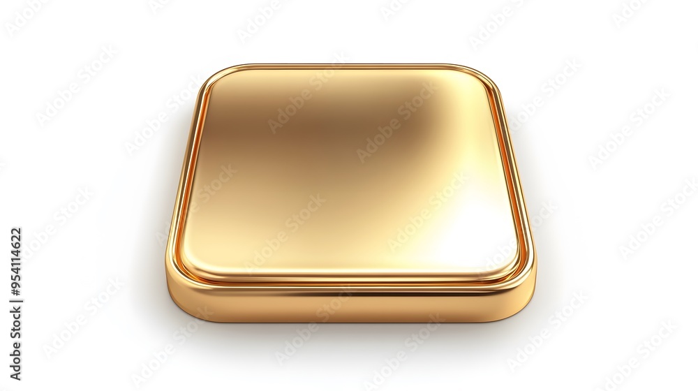 Poster blank mobile application icon, button - golden square with round corners. 3d rendering, white backgr
