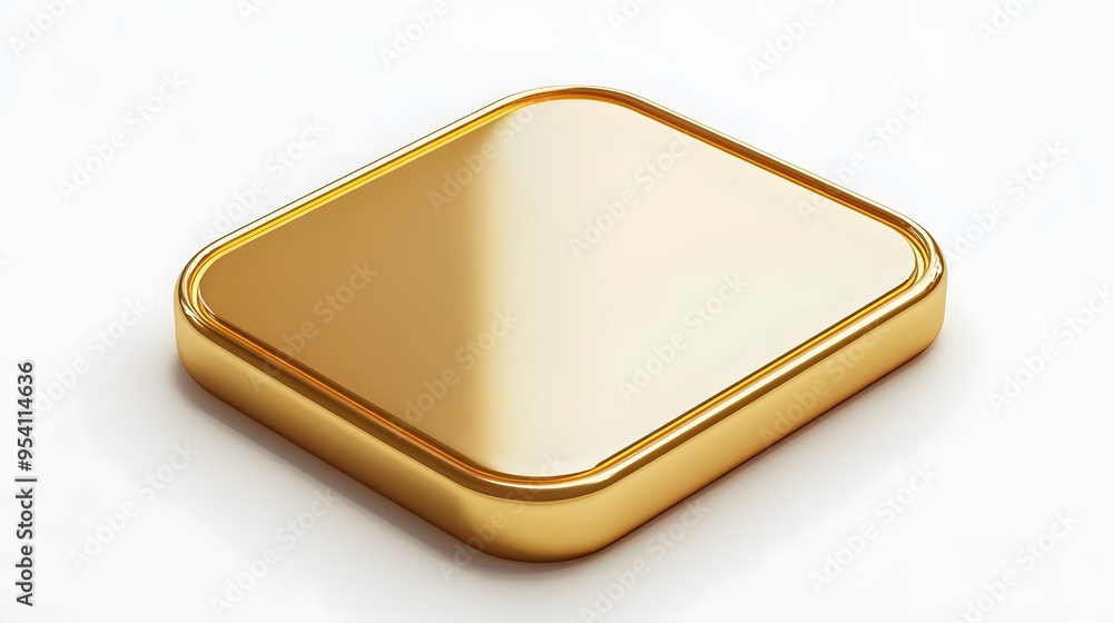Poster blank mobile application icon, button - golden square with round corners. 3d rendering, white backgr