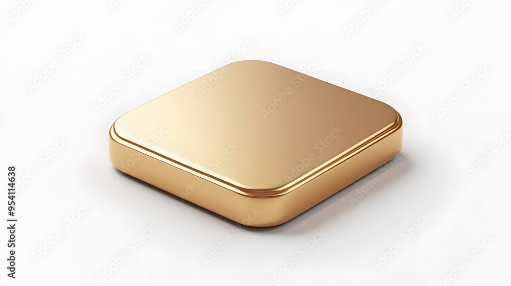 Poster blank mobile application icon, button - golden square with round corners. 3d rendering, white backgr