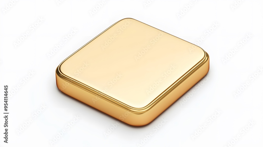 Poster blank mobile application icon, button - golden square with round corners. 3d rendering, white backgr