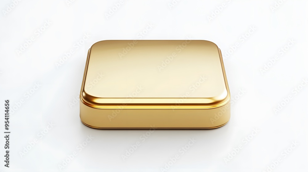 Poster blank mobile application icon, button - golden square with round corners. 3d rendering, white backgr