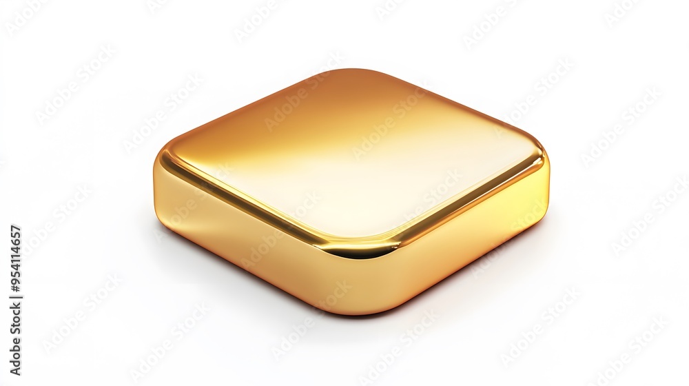 Poster blank mobile application icon, button - golden square with round corners. 3d rendering, white backgr