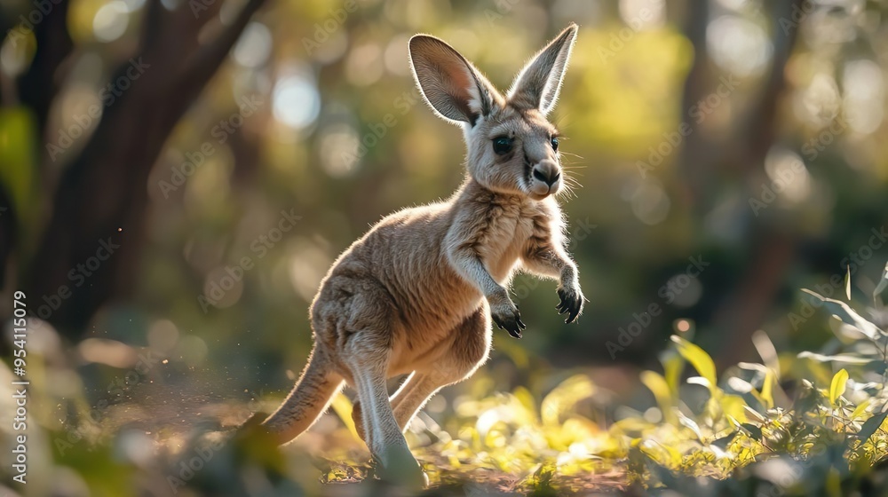 Wall mural A baby kangaroo standing on its hind legs between the grass beautiful natural background 