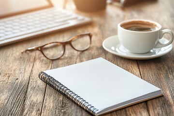 keyboard; spiral notepad; coffee cup; eyeglasses and pen on wooden desk