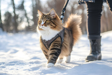 A fluffy cat wearing a harness walks confidently on a snowy path during a winter afternoon in a tranquil park surrounded by trees