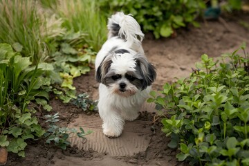 Fototapeta premium Shih Tzu explores garden path, paws delicately imprinting soil