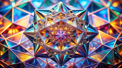 Geometric crystal formation with intricately cut surfaces refracting light, showcasing mesmerizing patterns and