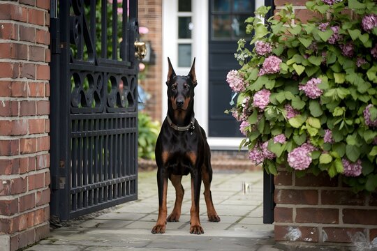 Doberman guarding a front gate with an alert posture