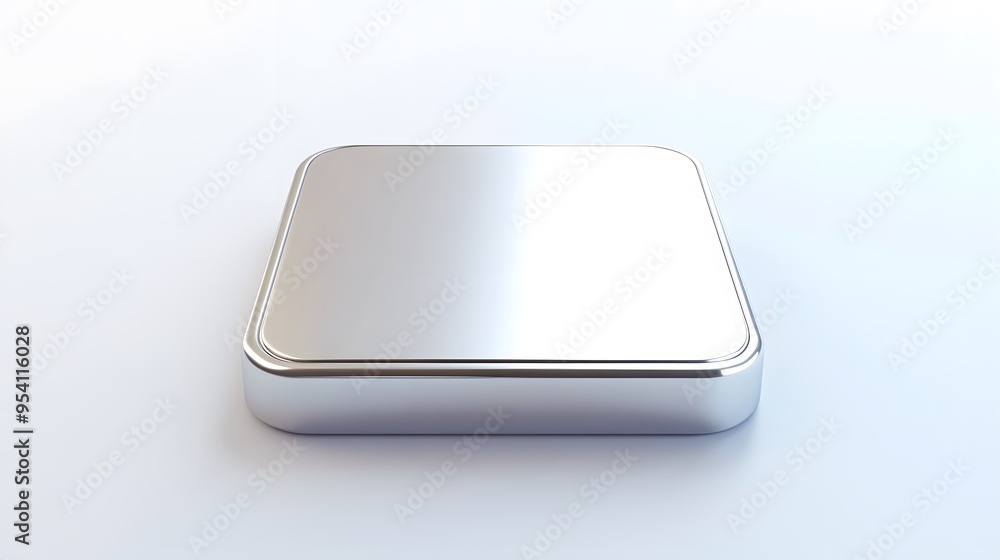 Poster blank mobile application icon, button - silver square with round corners. 3d rendering, white backgr