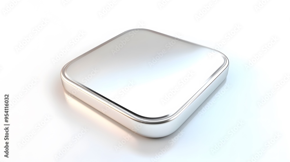 Poster blank mobile application icon, button - silver square with round corners. 3d rendering, white backgr