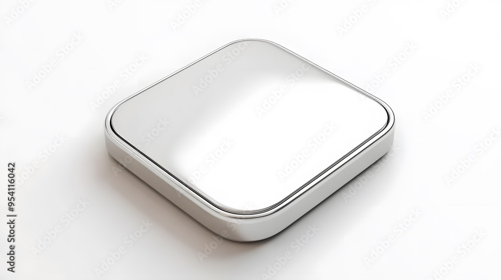 Poster blank mobile application icon, button - silver square with round corners. 3d rendering, white backgr