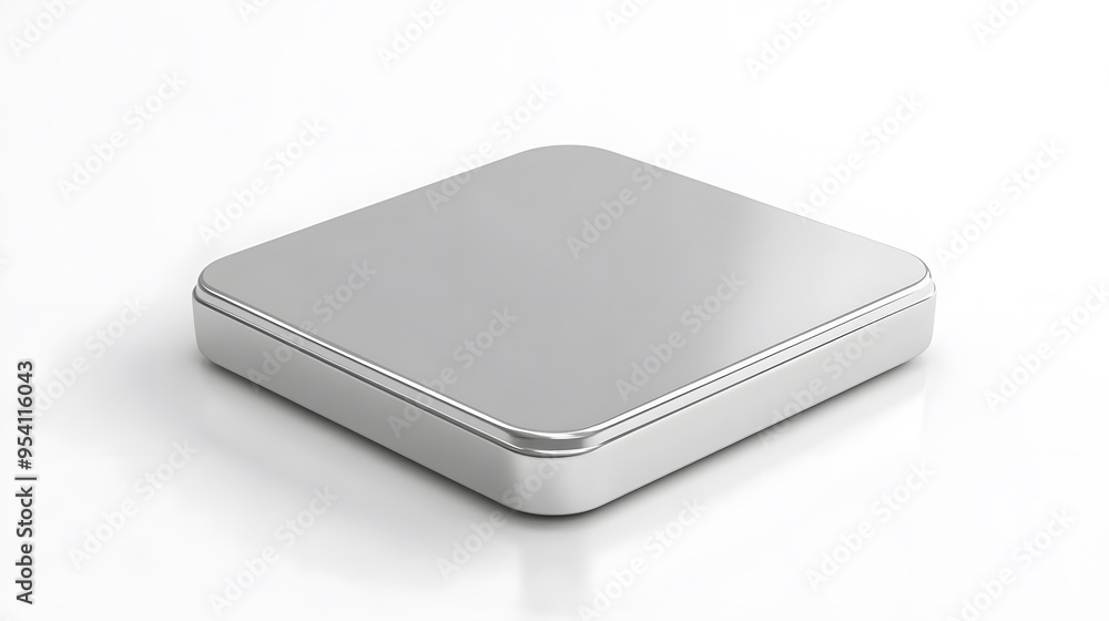 Poster blank mobile application icon, button - silver square with round corners. 3d rendering, white backgr