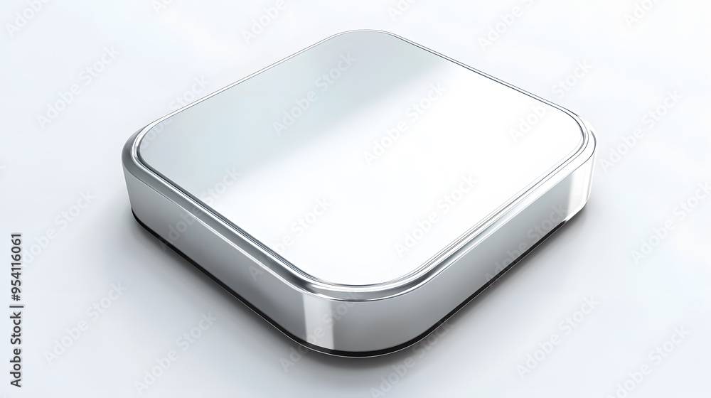 Poster blank mobile application icon, button - silver square with round corners. 3d rendering, white backgr