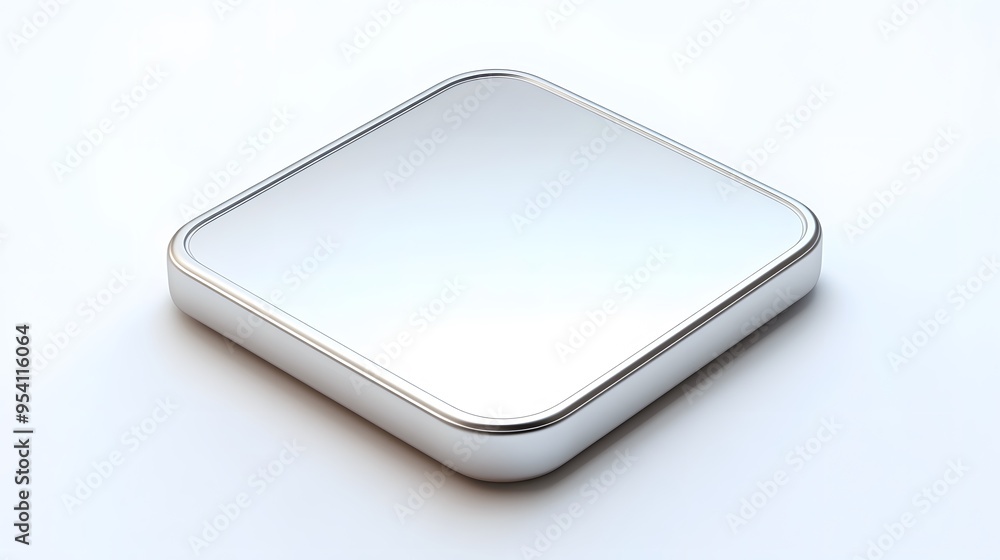 Poster blank mobile application icon, button - silver square with round corners. 3d rendering, white backgr