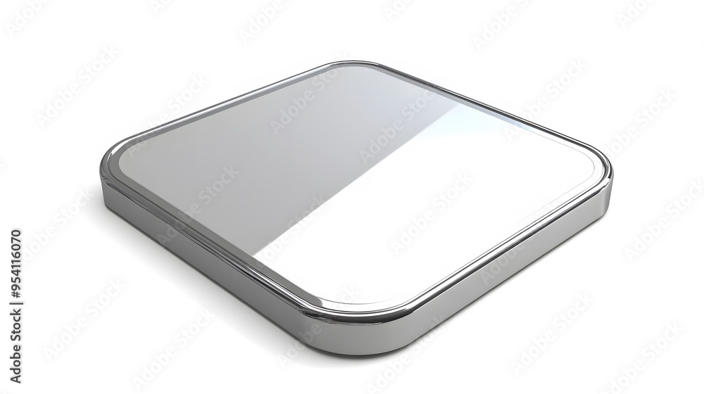 Poster blank mobile application icon, button - silver square with round corners. 3d rendering, white backgr