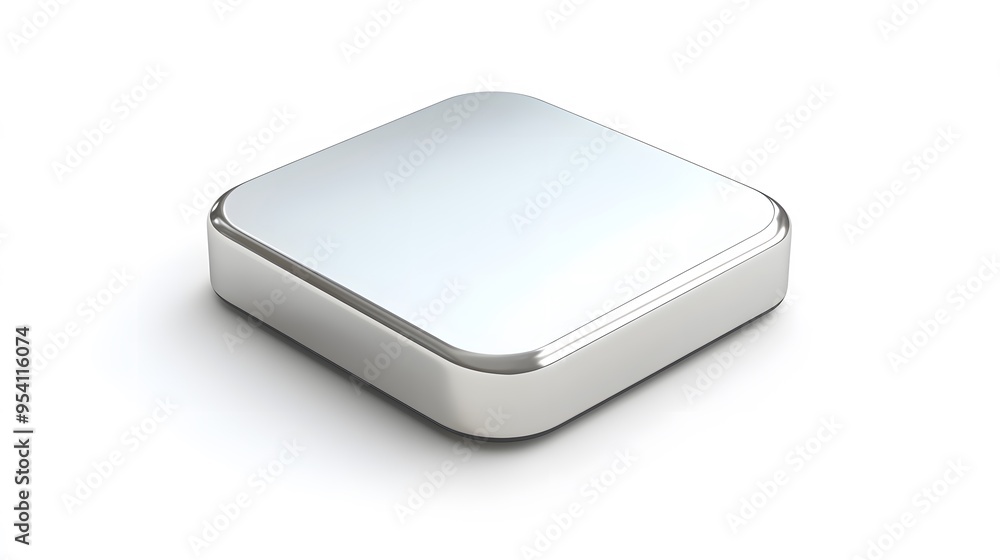 Poster blank mobile application icon, button - silver square with round corners. 3d rendering, white backgr