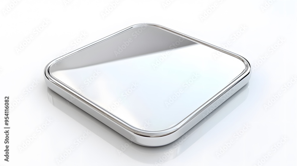 Poster blank mobile application icon, button - silver square with round corners. 3d rendering, white backgr