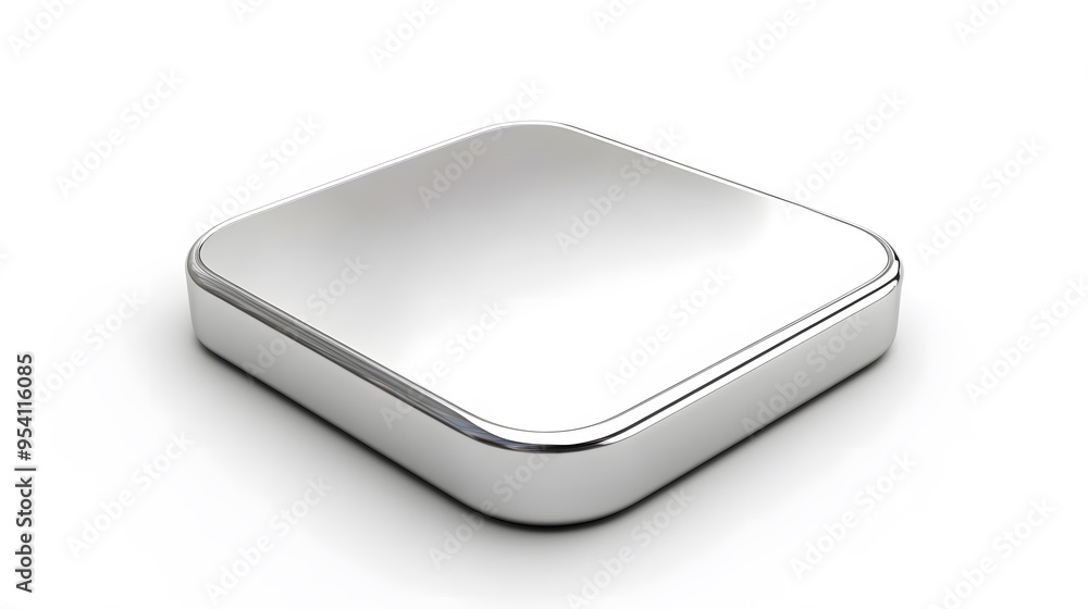 Poster blank mobile application icon, button - silver square with round corners. 3d rendering, white backgr