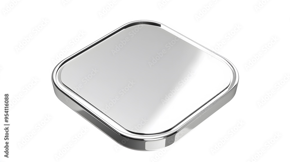 Poster blank mobile application icon, button - silver square with round corners. 3d rendering, white backgr