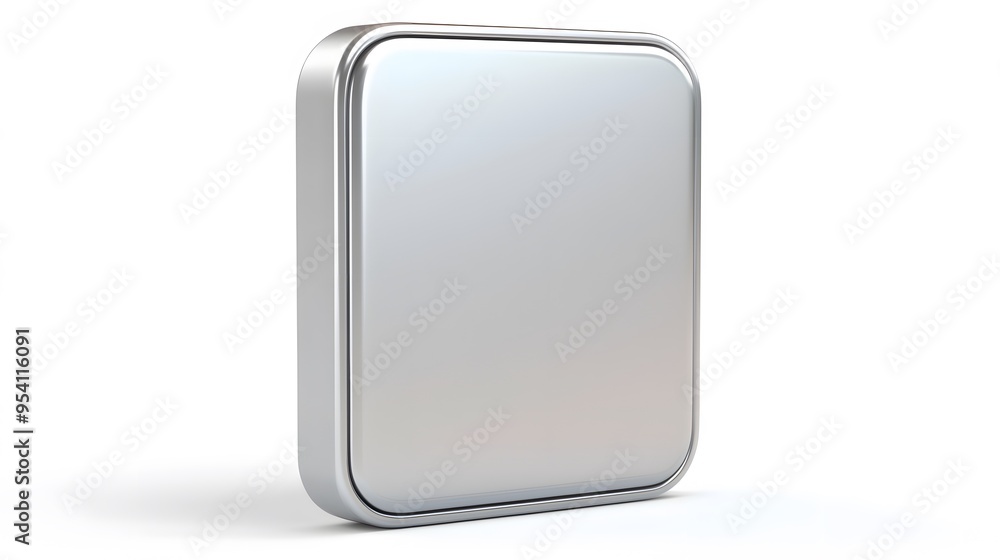 Poster blank mobile application icon, button - silver square with round corners. 3d rendering, white backgr