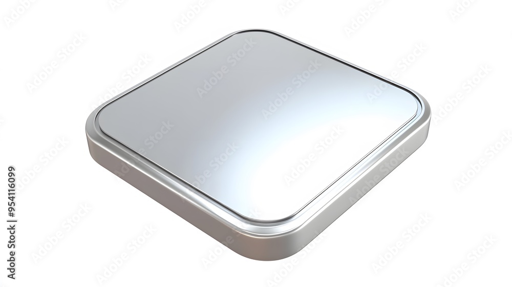 Poster blank mobile application icon, button - silver square with round corners. 3d rendering, white backgr