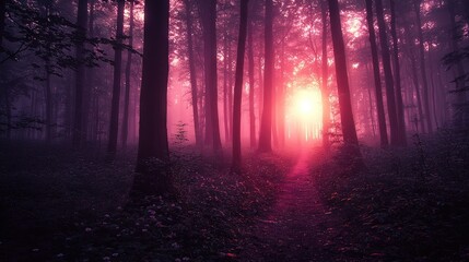Fototapeta premium A path through the forest with sunlight filtering through the tree canopy
