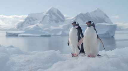 Obraz premium Antarctic Penguins on Iceberg with Ice Floes | Majestic Wildlife Scene in Frozen Landscape