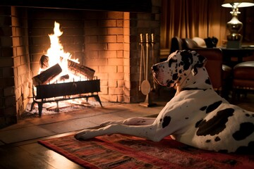 Great Dane resting by a crackling fire, soaking up warmth
