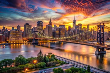 Fototapeta premium Glowing cityscape at dusk, featuring the iconic 3rd Avenue Bridge, Manhattan's East River waterfront, and towering skyscrapers in a warm, vibrant urban landscape.