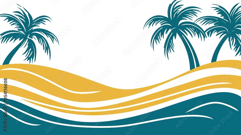 Aufkleber a photo captures a serene seaside scene with two swaying palm trees framing the foreground, while a 