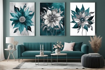 Abstract Teal and Silver Feminine Floral Art Prints for Modern Home Decor