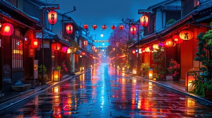 Illuminated Street in Traditional Japanese Town at Dusk