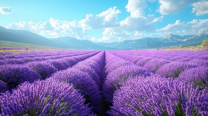 Fototapeta premium A sprawling meadow dotted with vibrant violets beneath a cerulean canopy and distant towering peaks
