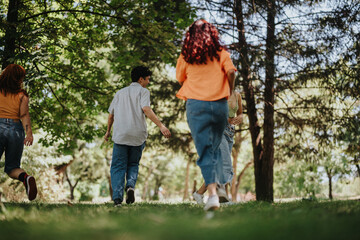 Group of young teenagers having fun in the park, showcasing friendship, joy, and moments of laughter and happiness.