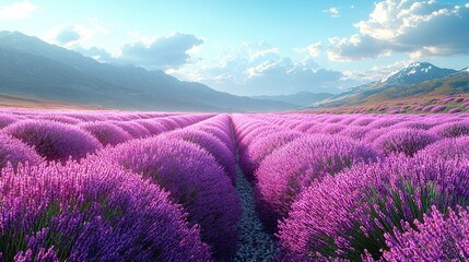 Obraz premium A field of vibrant purple flowers surrounded by towering mountains and fluffy white clouds in the backdrop