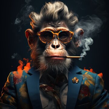 a monkey smoking a cigarette in an elegant blue suit , wild and tousled hair 