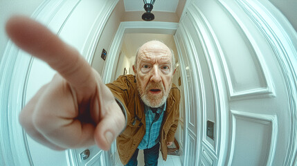 Surprised man peeks through door peephole