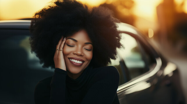 A professional Black woman with an impressive afro smiles with her eyes closed, resting her head on the hood of her beloved car, showing relaxed contentment and pride.