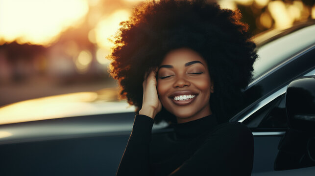 A professional Black woman with an impressive afro smiles with her eyes closed, resting her head on the hood of her beloved car, showing relaxed contentment and pride.