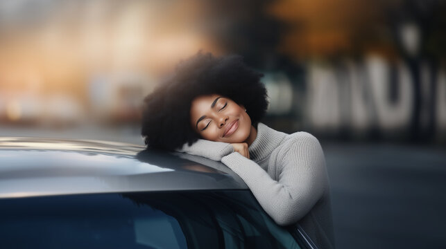 A professional Black woman with an impressive afro smiles with her eyes closed, resting her head on the hood of her beloved car, showing relaxed contentment and pride.